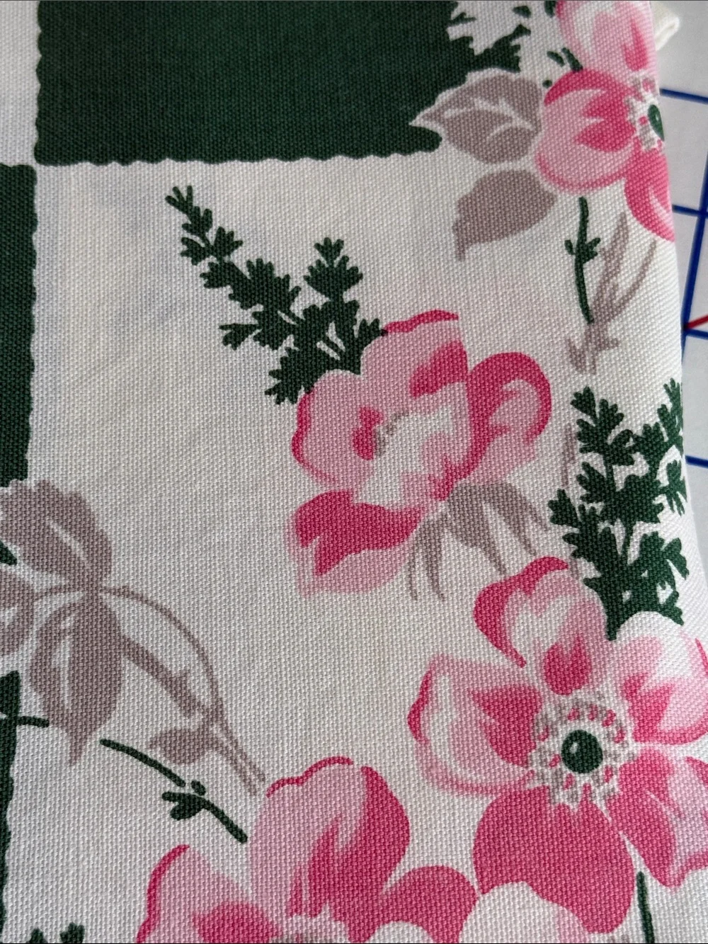 Vintage 1950s Tablecloth Pink Roses Green Check Floral Cotton 54x48 Mid Century